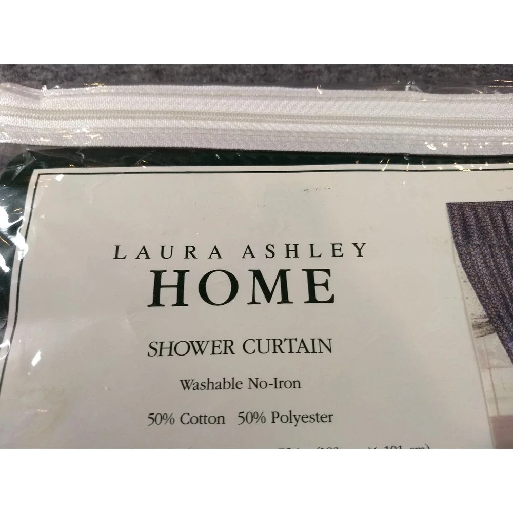 Laura Ashley Fabric Shower Curtain Floral Gingham Blue No Iron Washable Rare NEW